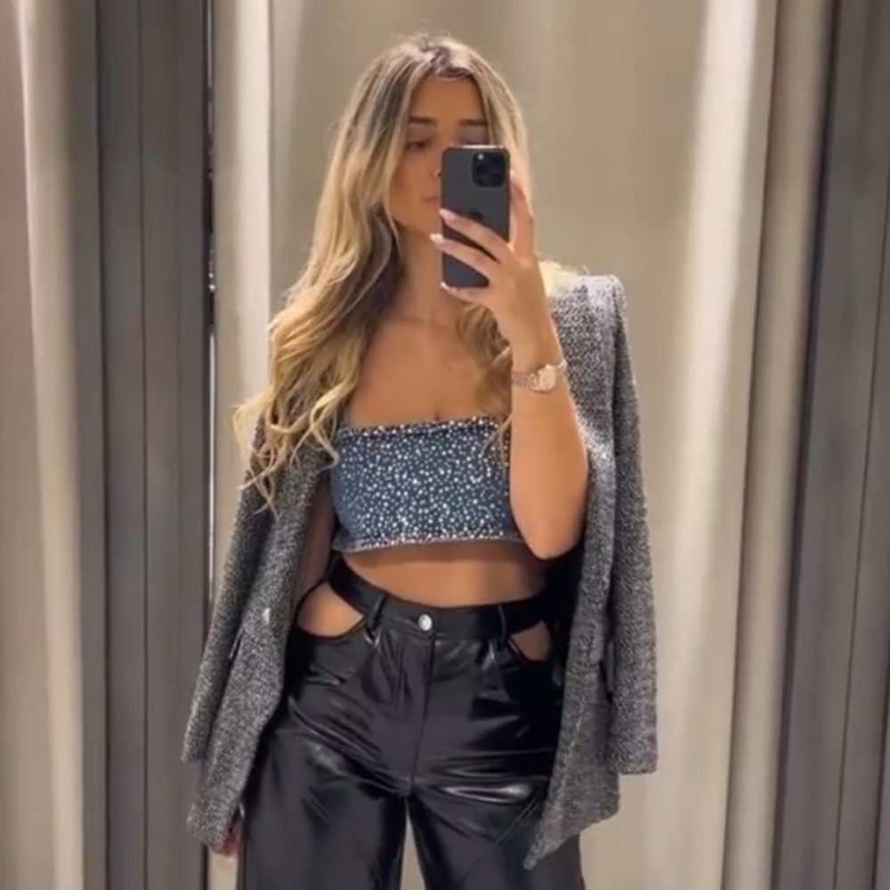 ZARA DENIM RHINESTONE TOP